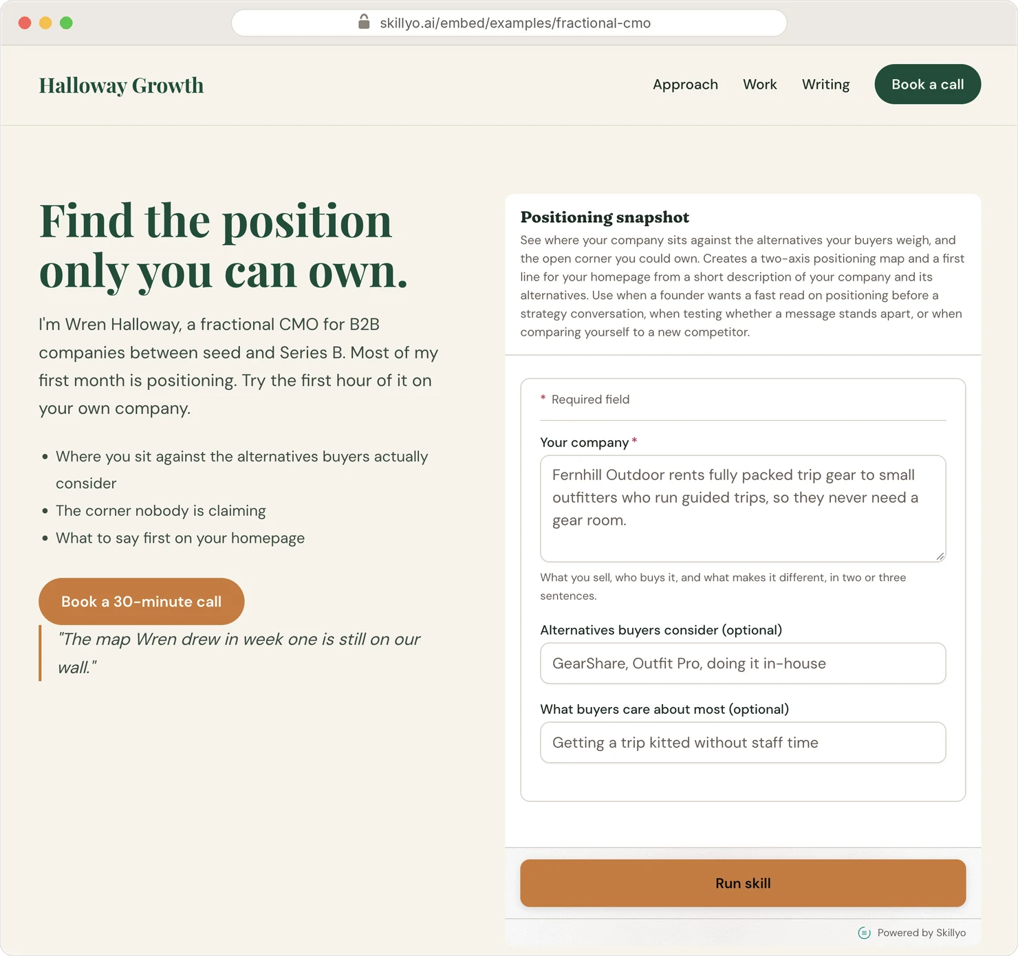 The Halloway Growth sample site with the Positioning snapshot skill on the page